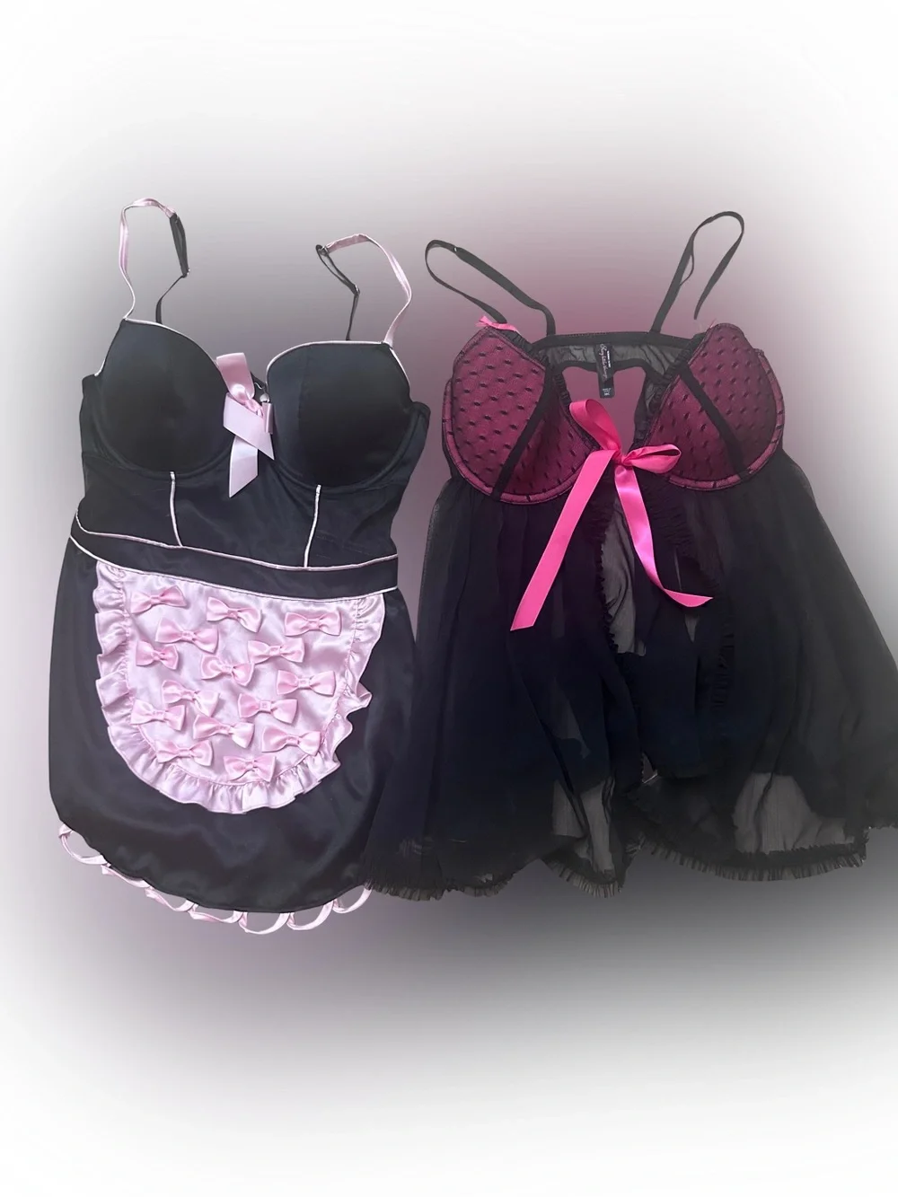 Victoria's Secret Black Pink Sexy Maid Lingerie Lace Babydoll Chemise 2 Set 36C